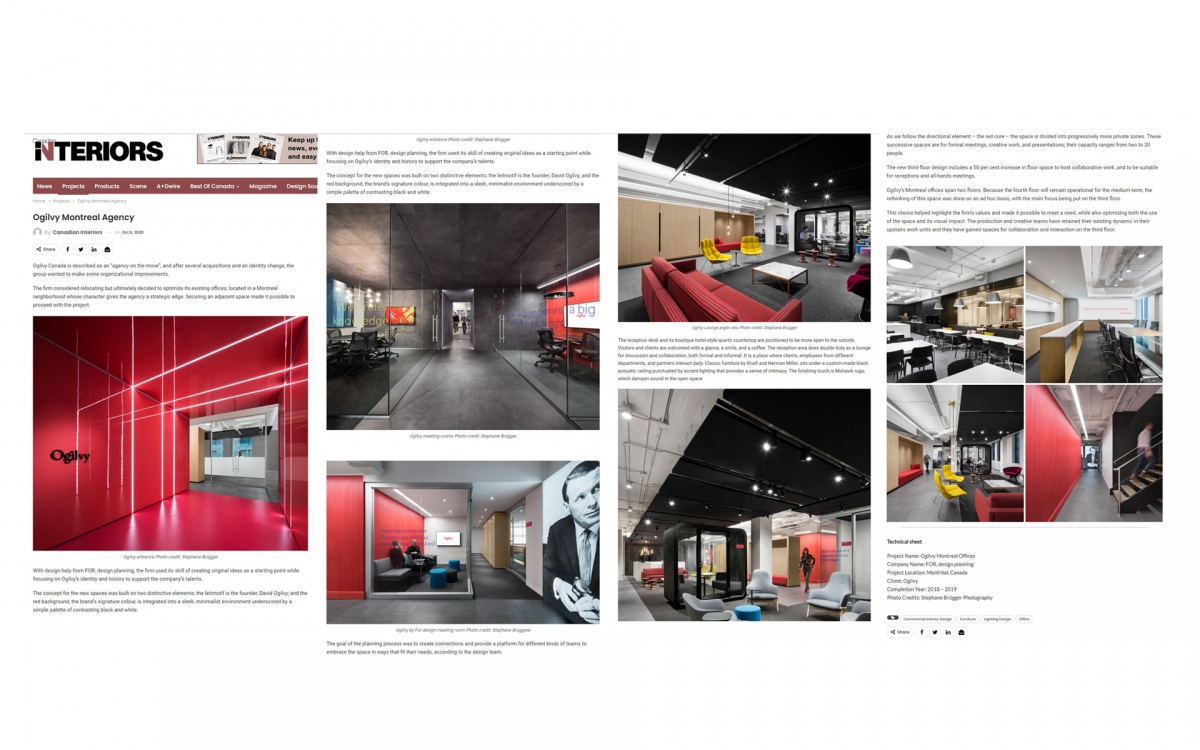 FOR. design planning Article Revue de presse Canadian Interiors Bureaux Ogilvy Montréal