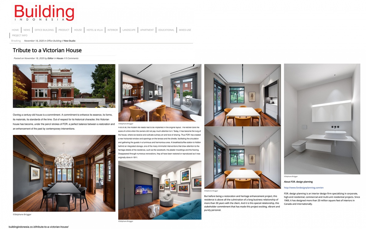 FOR. design planning Article Revue de presse Building Indonesia Résidence Outremont